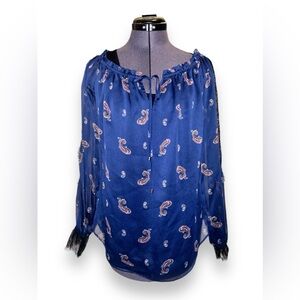 NWOT WHBM • Lace and Paisley Peasant Blouse, Sheer, Tie Front, Blue, Small